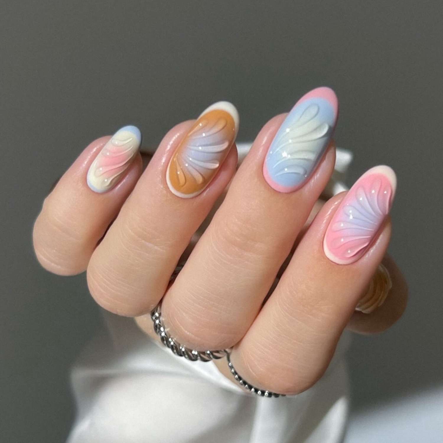 Medium Almond Pastel Shell-Like Art — Cute Nail Designs