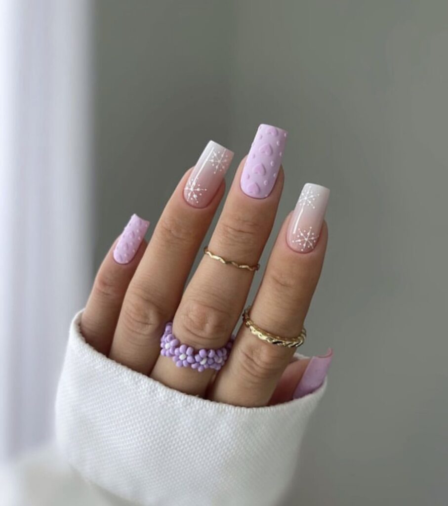 Matte Pink Lavender Snowflake Heart Mix Matte Pink Lavender Snowflake Heart Mix — Winter Square Nails