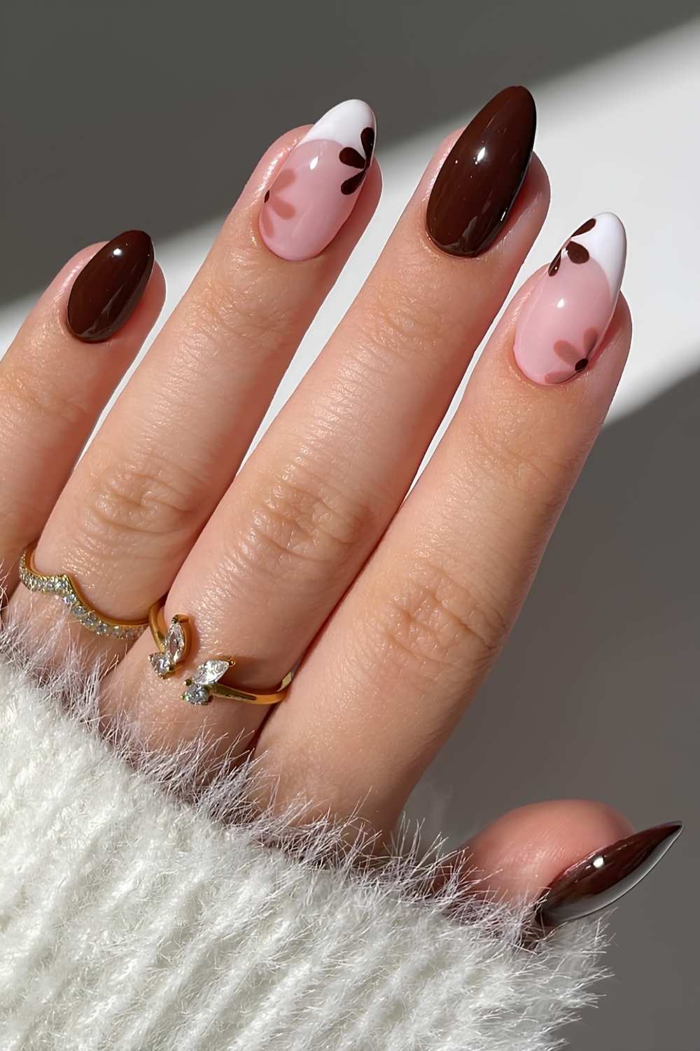 Chocolate Brown Abstract Floral Almond Nails Chocolate Brown Abstract Floral Almond Nails — Almond Nail Designs