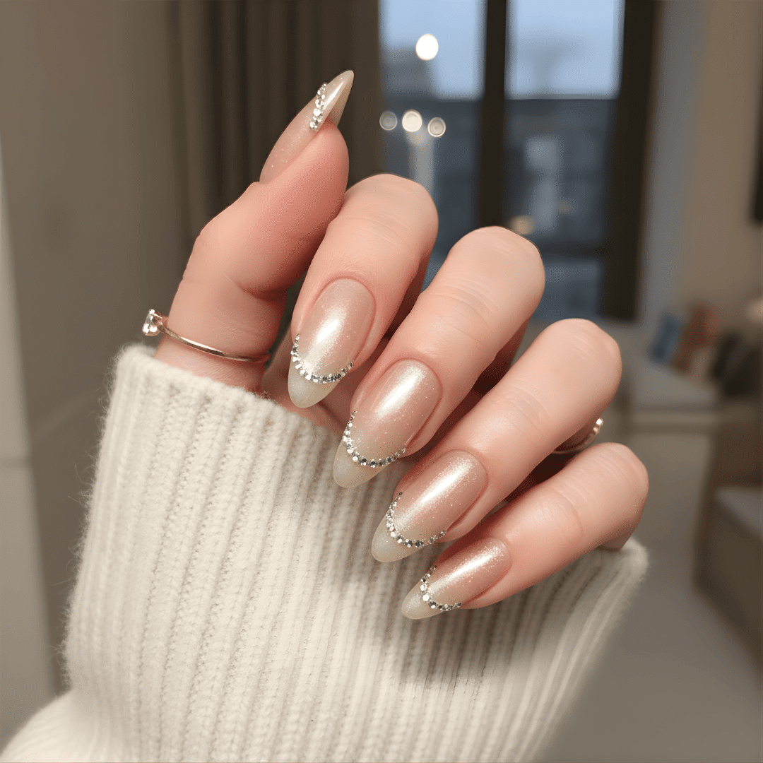 Shimmer Glossy Visual Idea — Winter Almond Nails