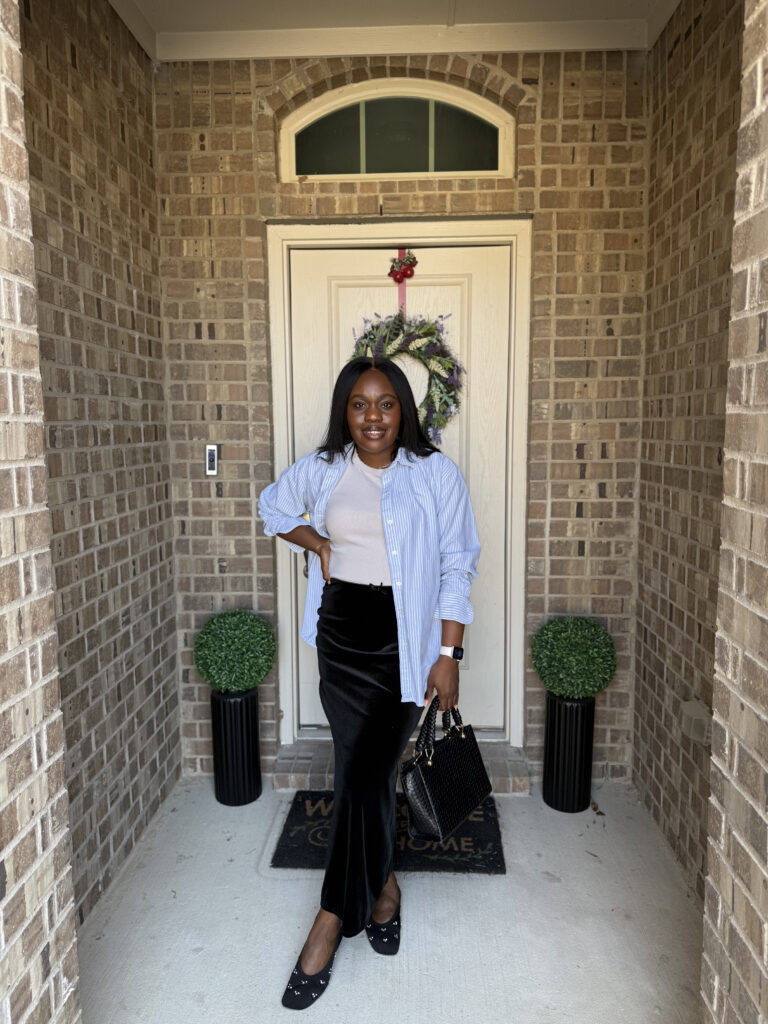 Striped Button-Down Over Crewneck with Velvet Wide-Leg Pants — Winter to Spring Transition Outfits