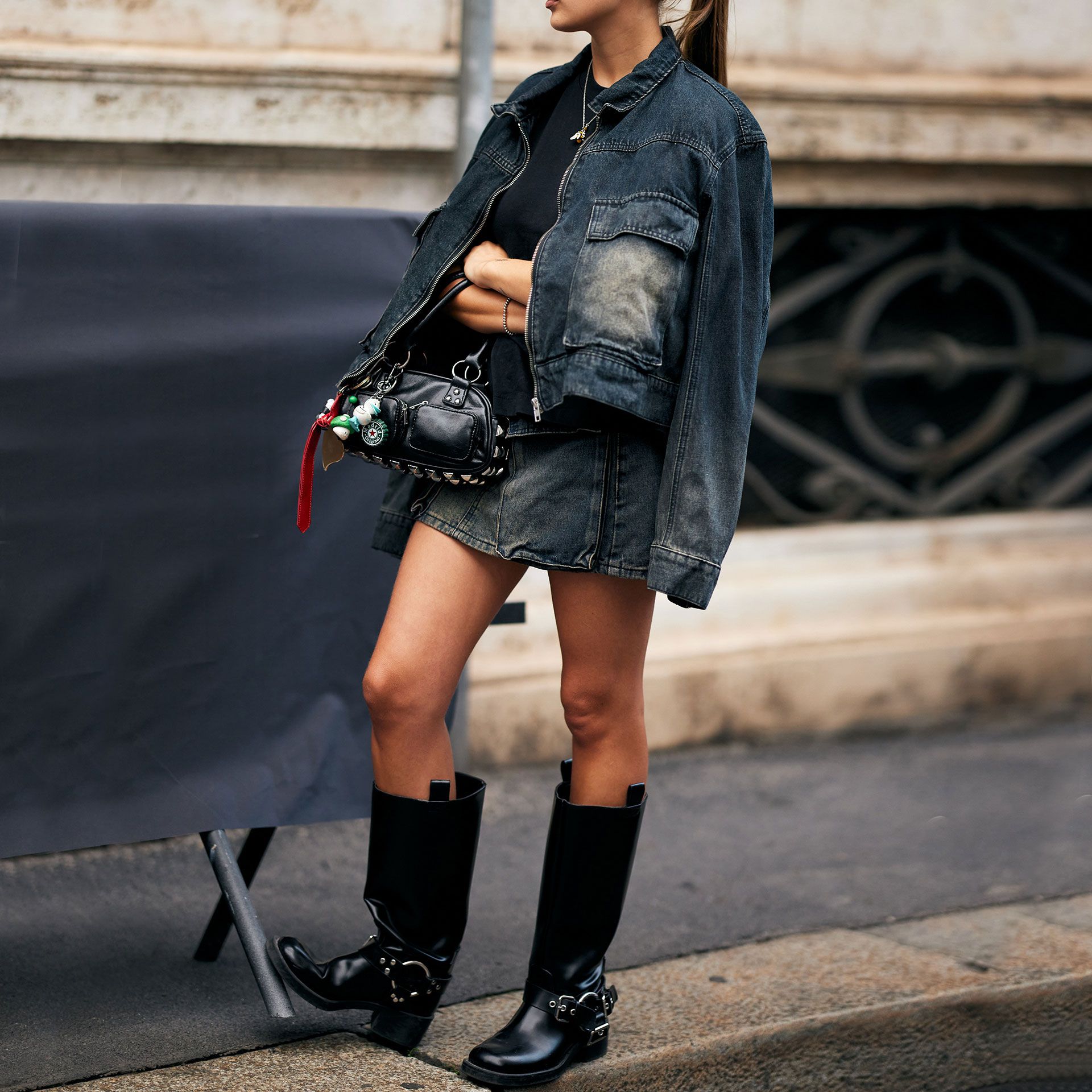 Denim Jacket with Knee-High Boots and Mini Skirt Denim Jacket with Knee-High Boots and Mini Skirt — All Black Winter Outfits