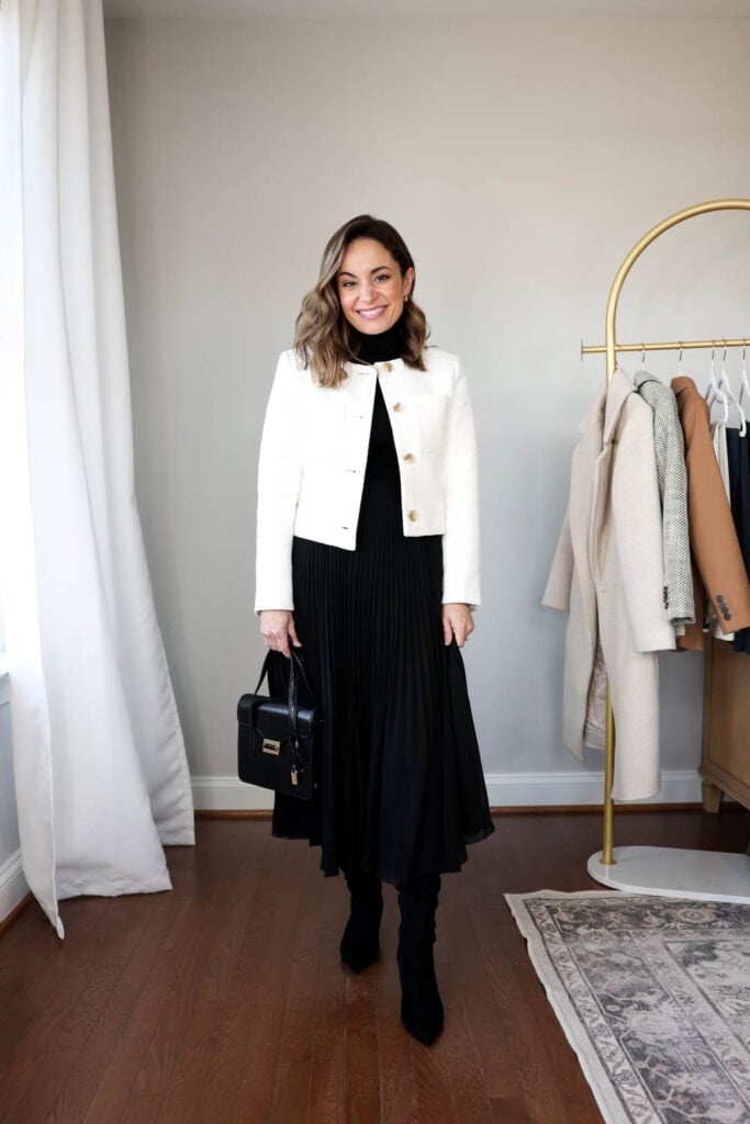Smart Casual Tweed Jacket with Midi Skirt — Winter Capsule Wardrobe