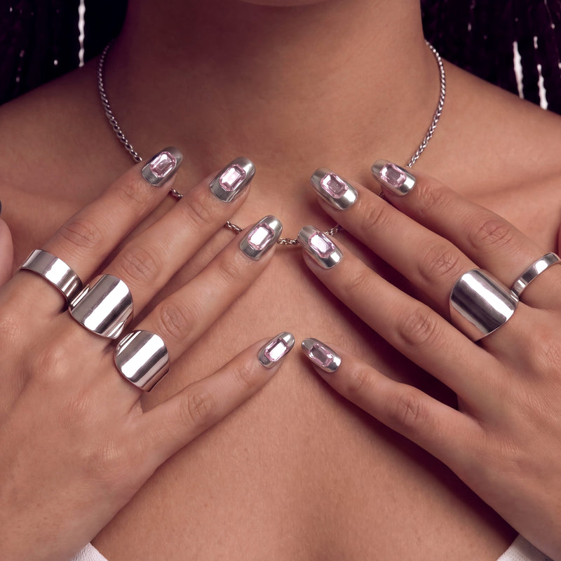 Short Square Chrome with Pink Gemstones — Silver Chrome Nails