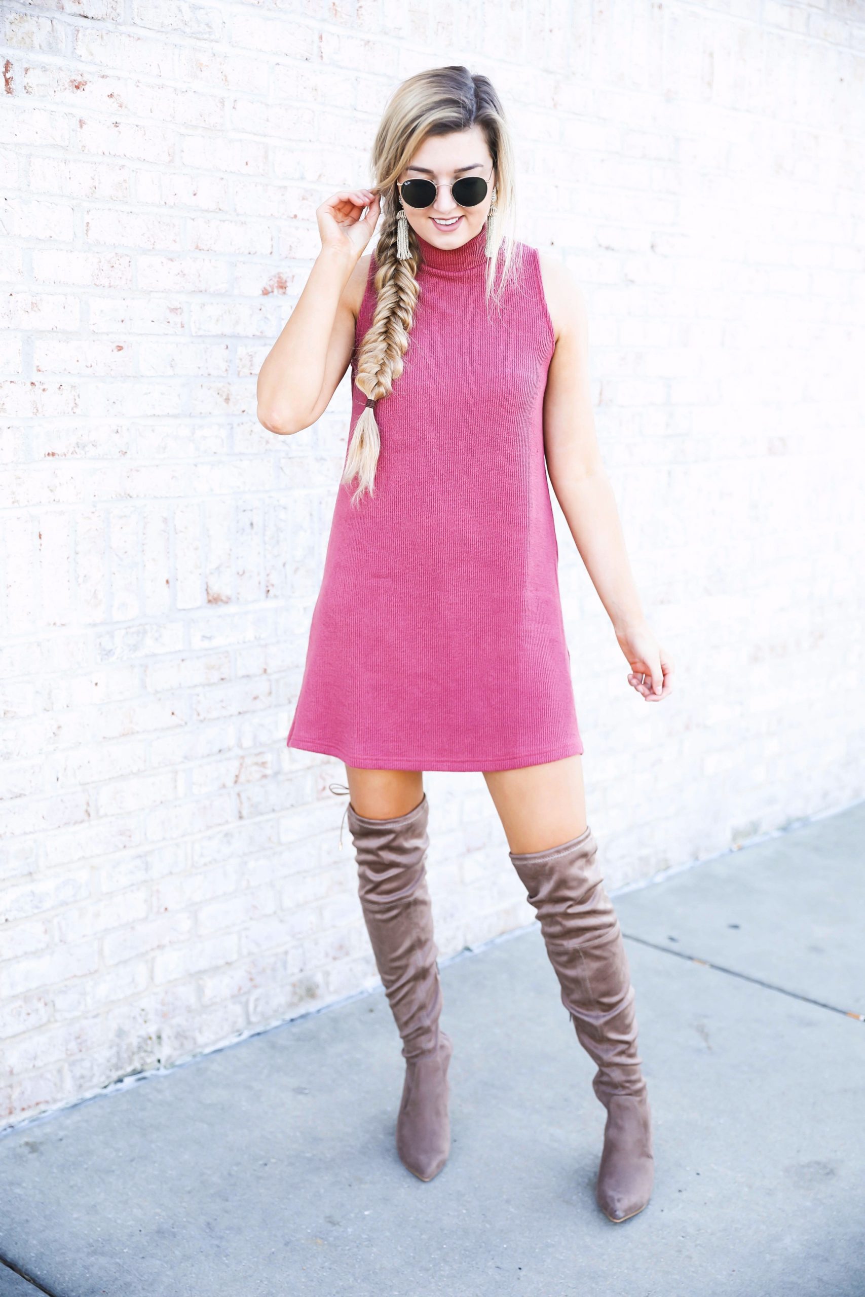 Taupe Suede Over-the-Knee Boots with Pink Mock Neck Dress Taupe Suede Over-the-Knee Boots with Pink Mock Neck Dress — Over the Knee Boots Outfits