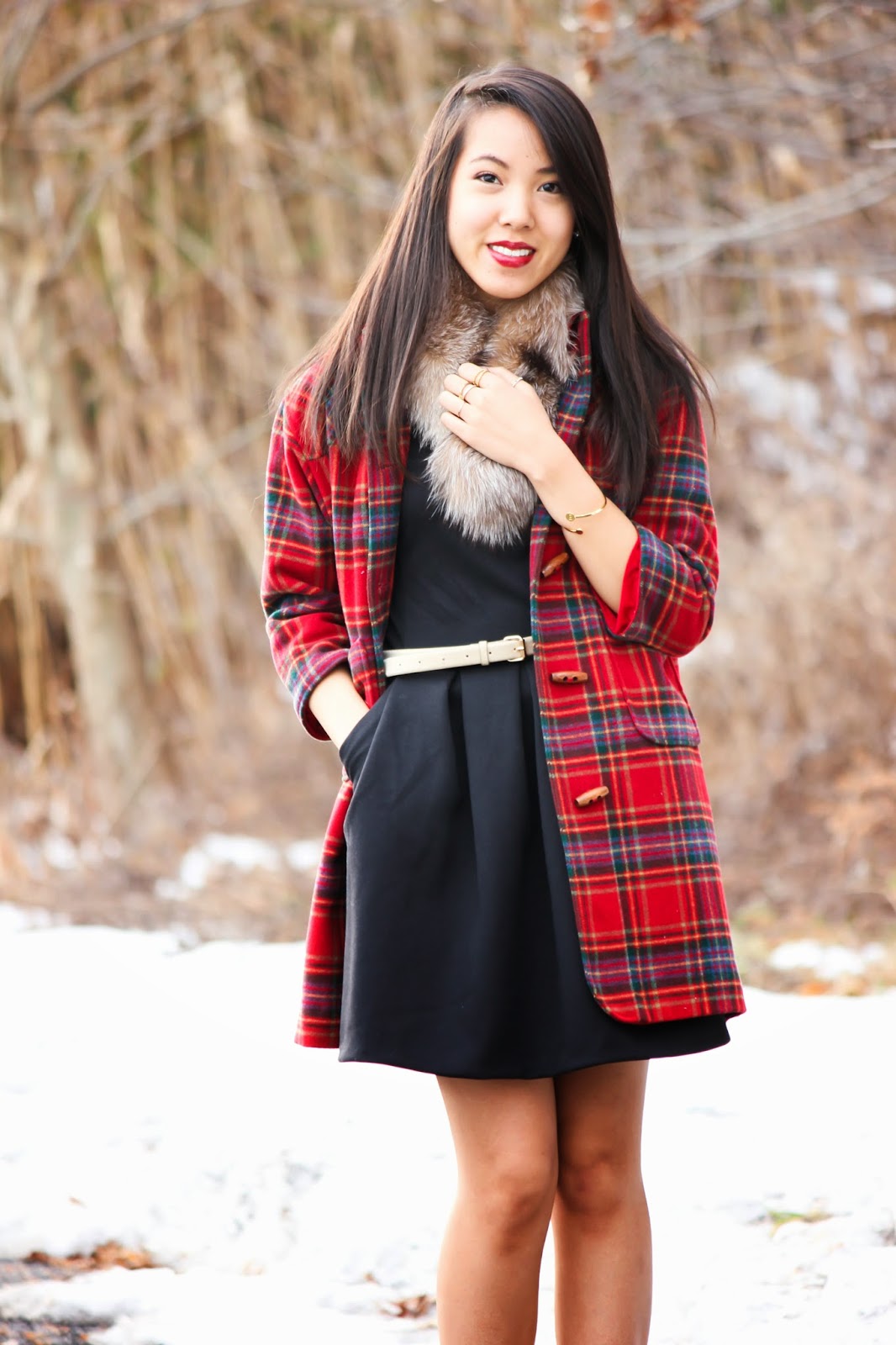 Plaid Car Coat Over Black A-Line Dress with Cream Belt Plaid Car Coat Over Black A-Line Dress with Cream Belt — Car Coat Outfits