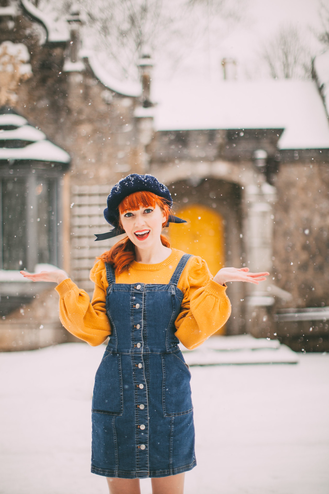 Denim Overall Dress with Yellow Sweater for a Playful Winter Outfit — Snow Day Outfits