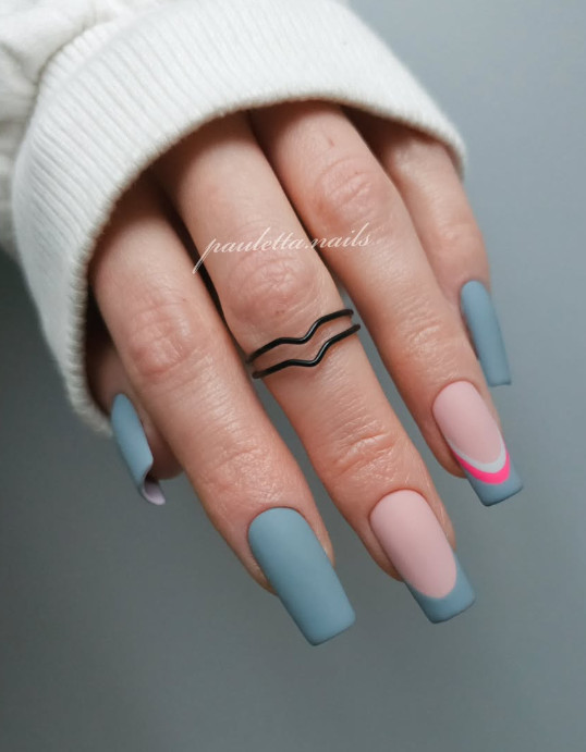 Matte Grey French Tip with Neon Blocks Square Nails Matte Grey French Tip with Neon Blocks Square Nails — Winter Nail Colors for Women Over 50