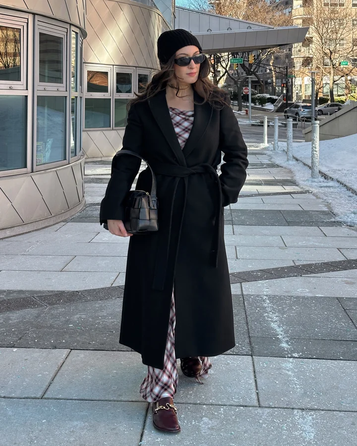 Black Wool Coat Over Plaid Dress with Loafers — Wool Coat Outfits