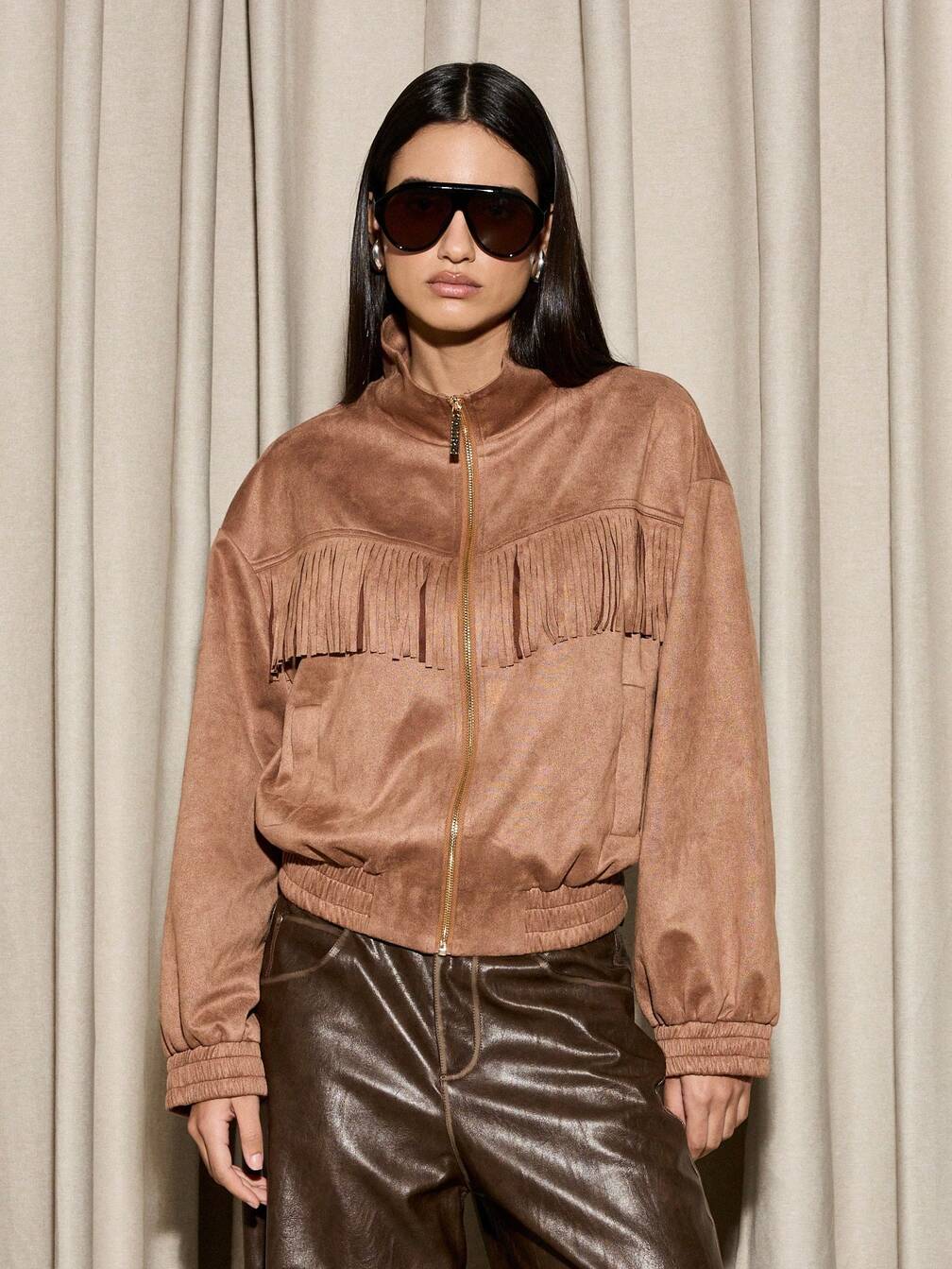 AiiRZ Luxury Western Fringe Suede Bomber Jacket Premium Fall Winter Fashion Statement Piece Retro Style Zip-Up Outerwear Casual Streetwear｜MISSGUIDED