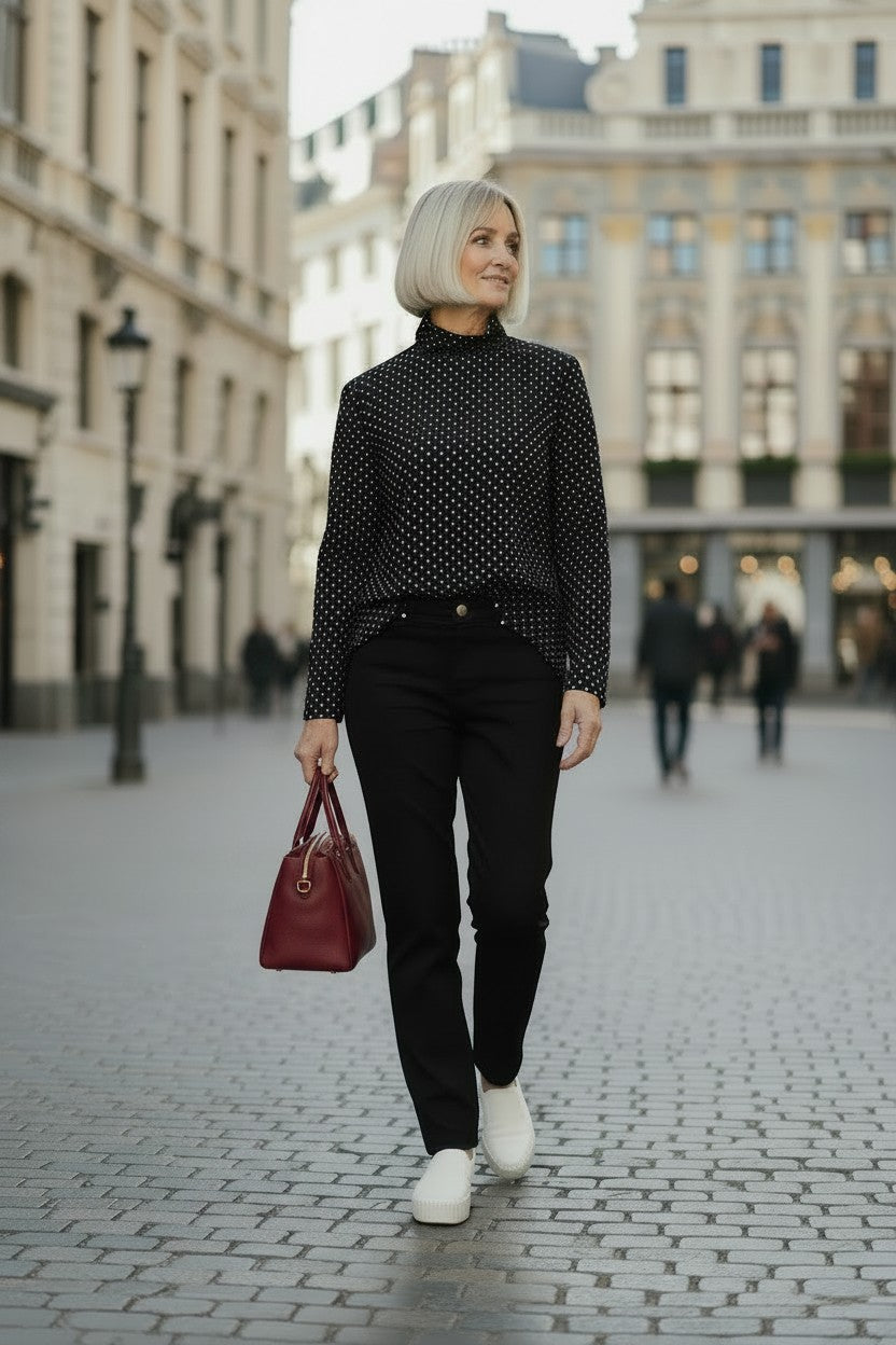 Spot Print Mock Neck Top with Straight Trousers — Winter Outfits for Women Over 60