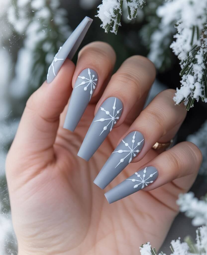Long Matte Gray White Snowflake Coffin Nails Long Matte Gray White Snowflake Coffin Nails — Winter Coffin Nails