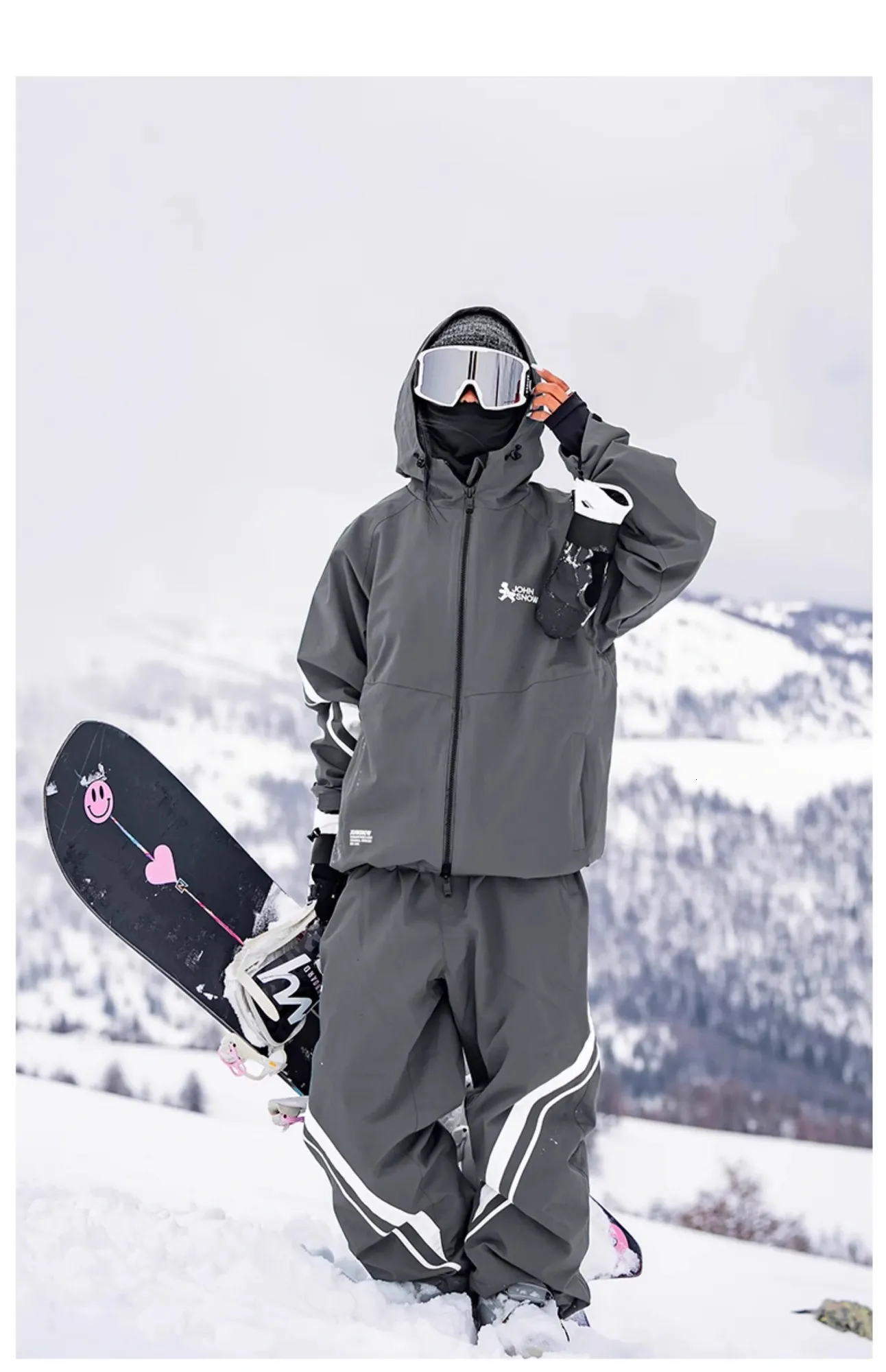 Functional Comfort: Grey Snowsuit with White Accents Functional Comfort: Grey Snowsuit with White Accents — Snowboarding Outfits