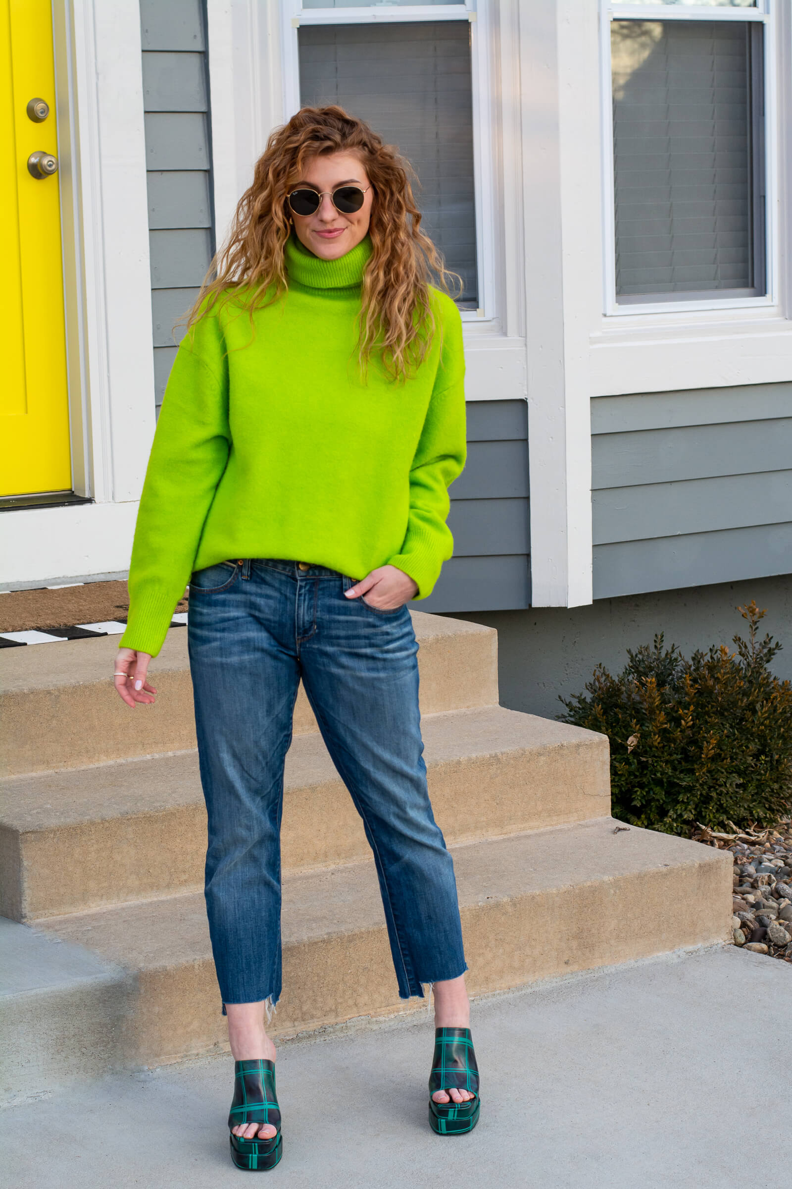 Neon Green Turtleneck Sweater with Blue Jeans Neon Green Turtleneck Sweater with Blue Jeans — Sweater Outfits