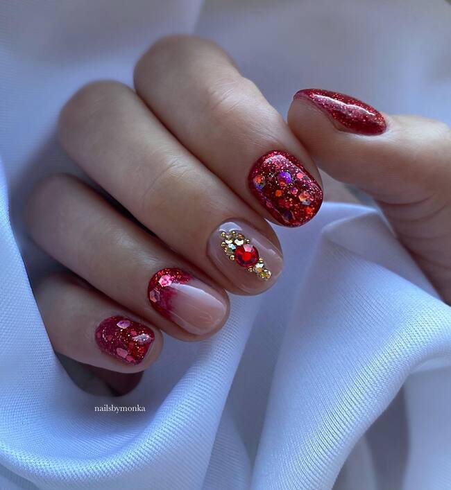 Vibrant Red Glitter With Rhinestone Accents — Short Winter Gel Nails