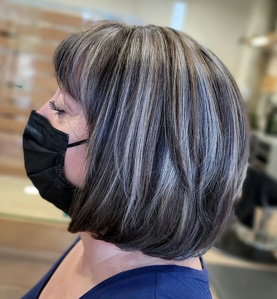 Dark Brown Bob With Silver-Ash Blonde Dark Brown Bob With Silver-Ash Blonde — Gray Blending Highlights
