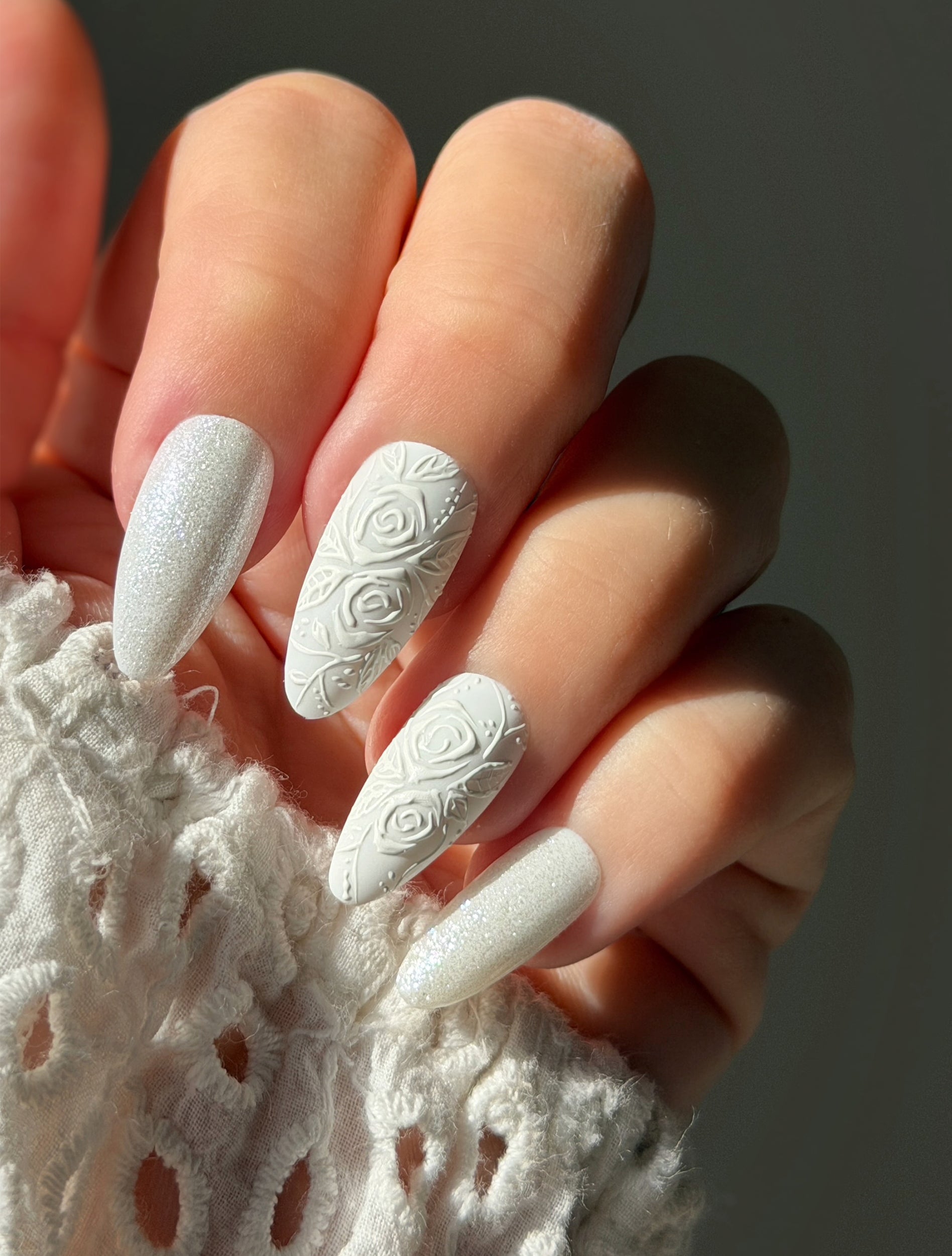 3D Embossed Rose Matte White Nails — Winter Acrylic Nails