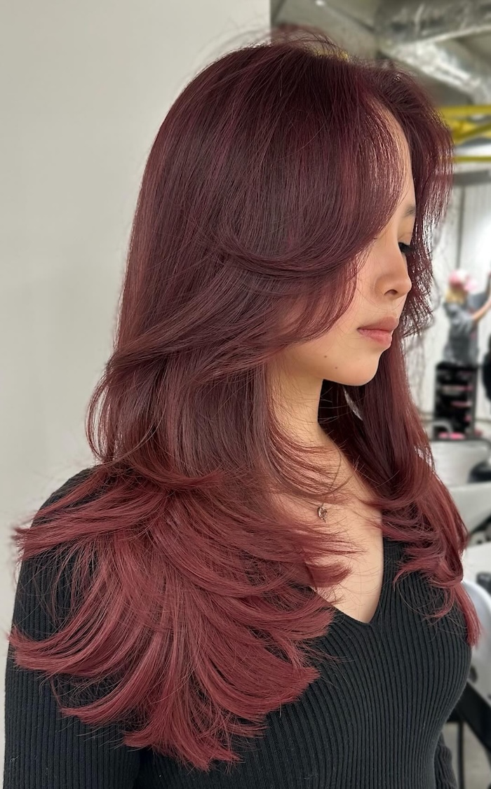 Dimensional Plum With Curtain Bangs — Plum Hair Color