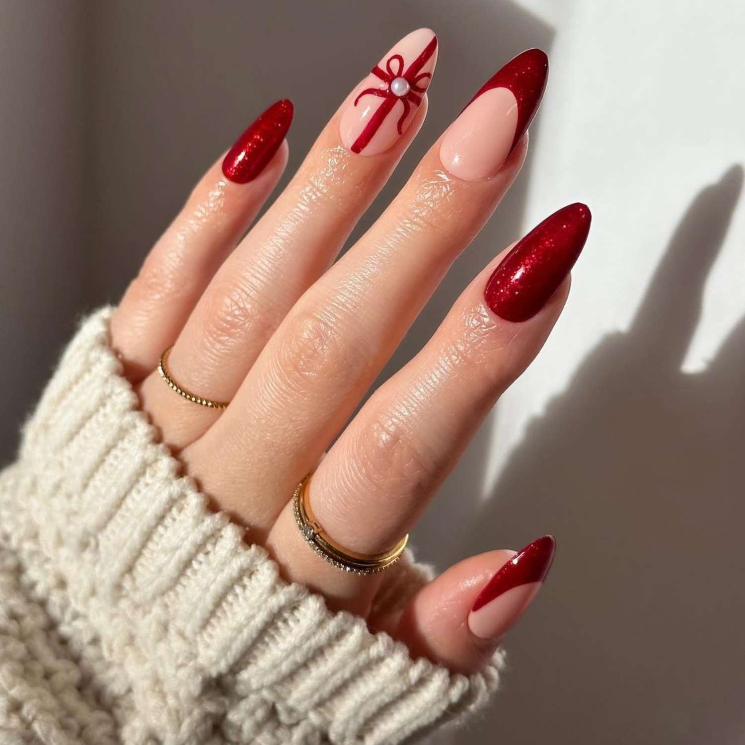 Long Stiletto Red Accents and Ribbon Art — Easy Nail Designs