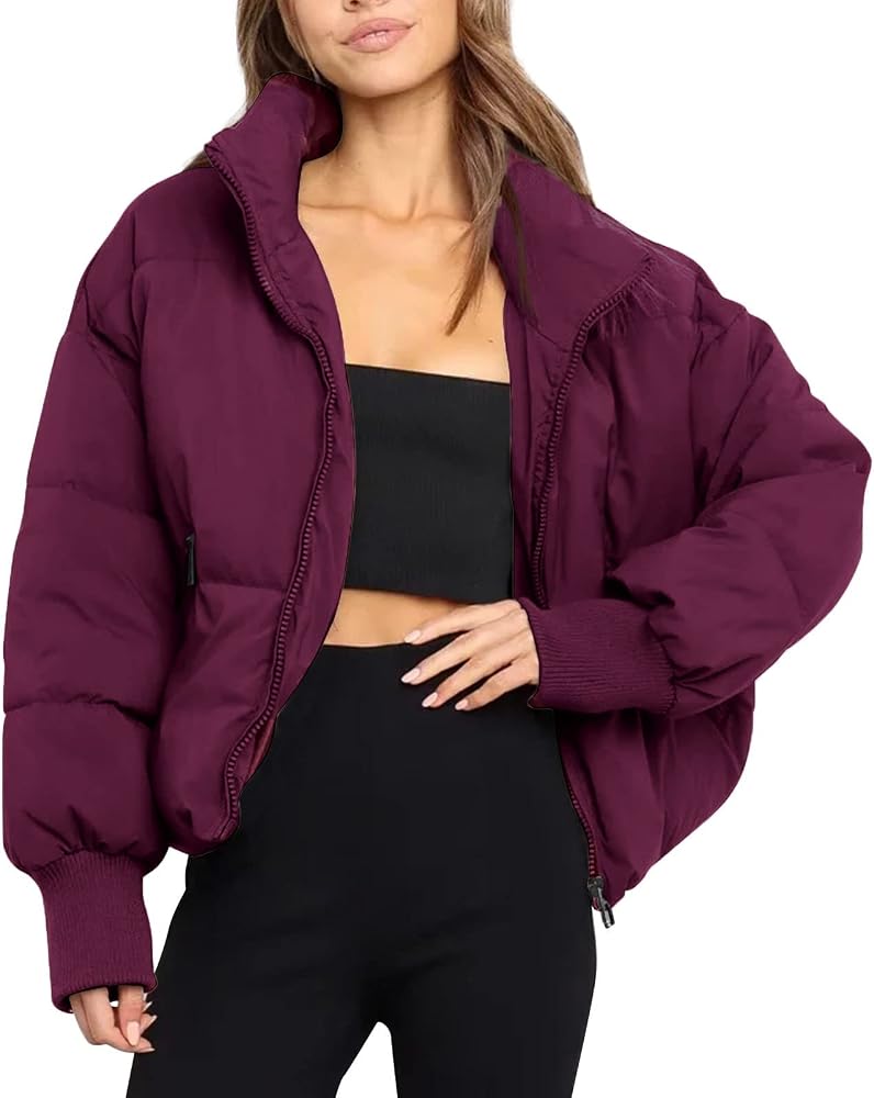 Chic Black Crop Top with Burgundy Puffer Jacket — Winter College Outfits