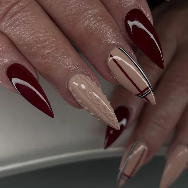 Dramatic Deep Red Ribbed Knit Stilettos — Sweater Nails