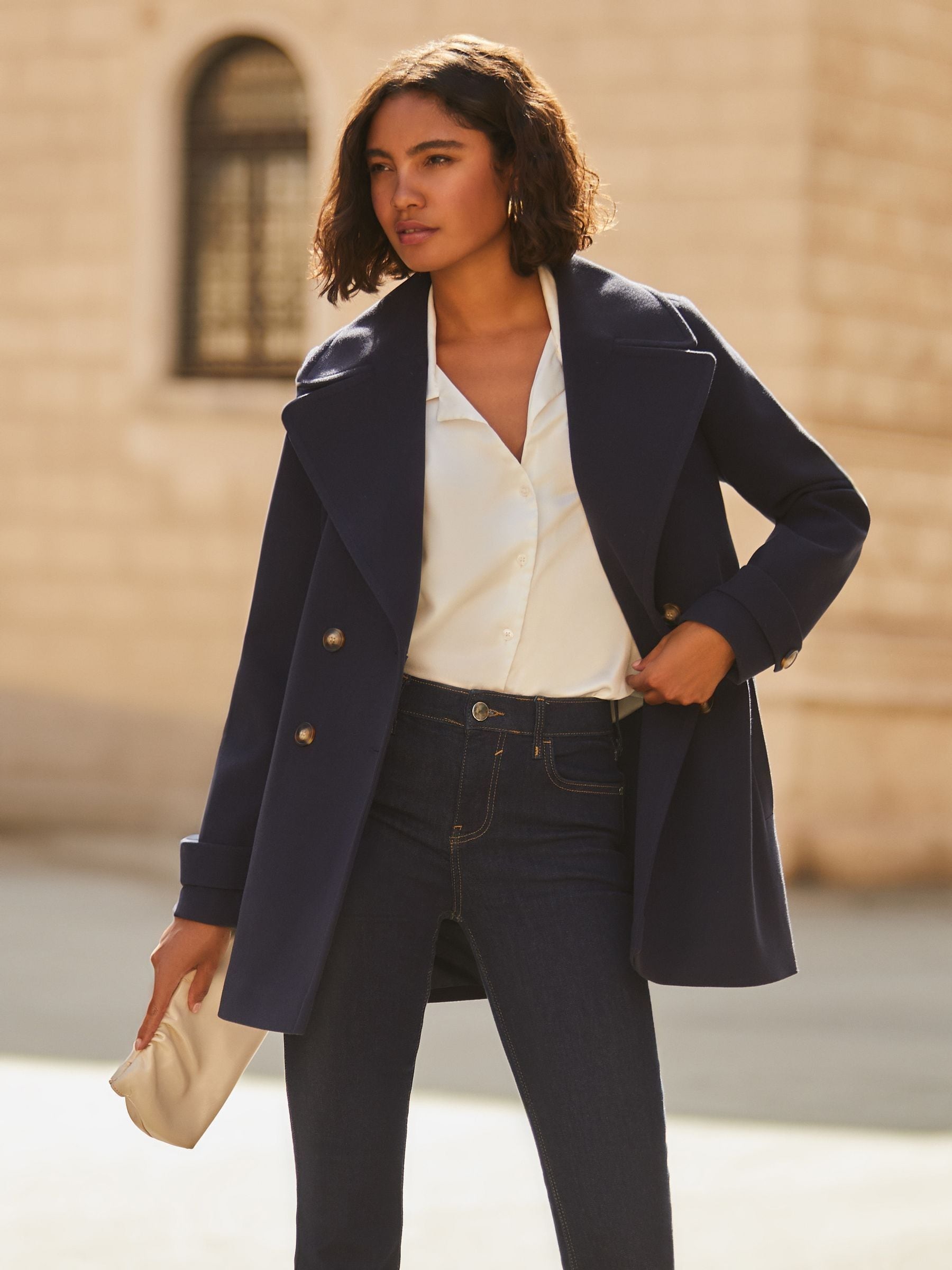 Smart Navy Peacoat with White Shirt and Jeans Smart Navy Peacoat with White Shirt and Jeans — Peacoat Outfits