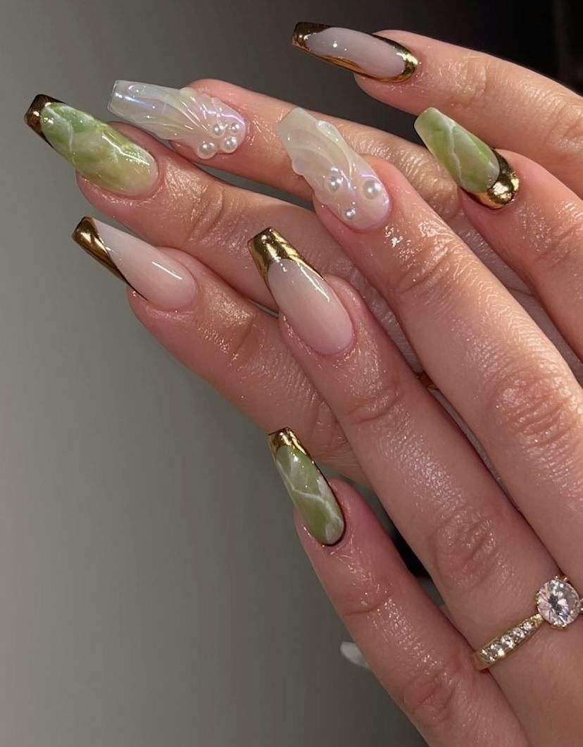 Green Marble with Gold French Tips and Pearls — Winter Marble Nails