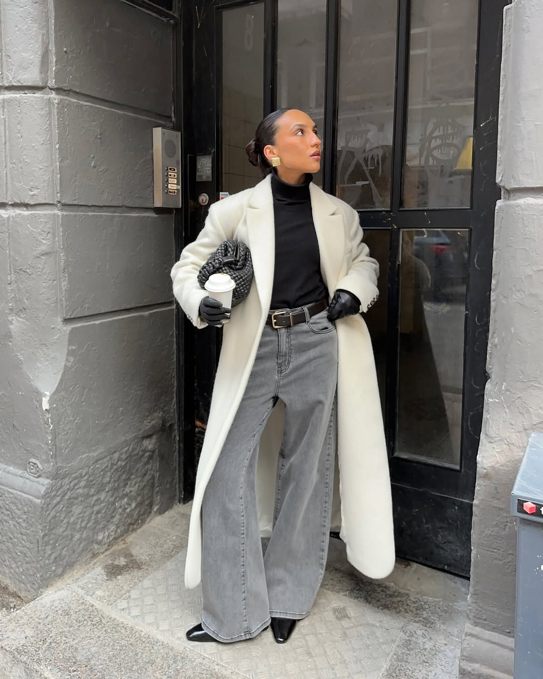 White Wool Long Coat with Grey Jeans and Black Turtleneck — Long Coat Outfits