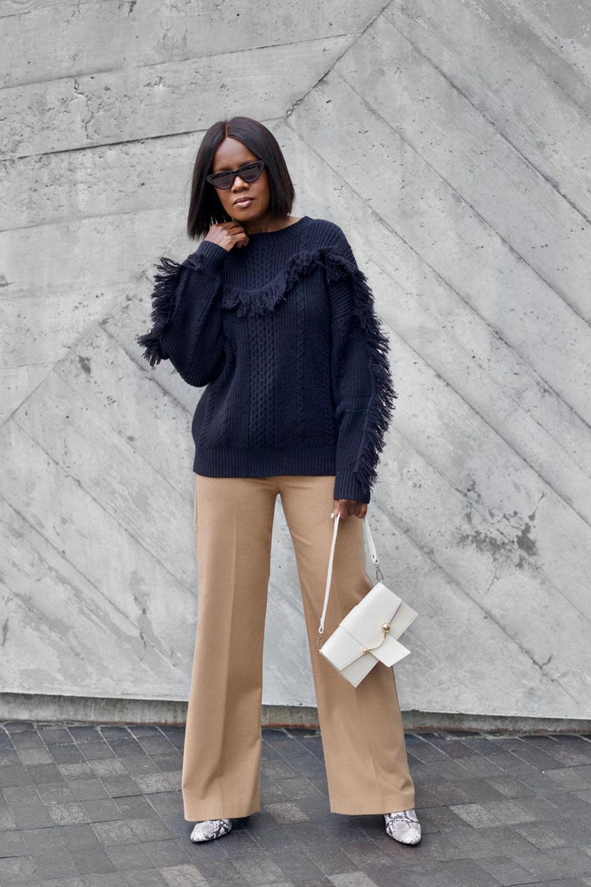 Navy Cable Knit Sweater with Fringe and Camel Trousers — Cold Weather Outfits