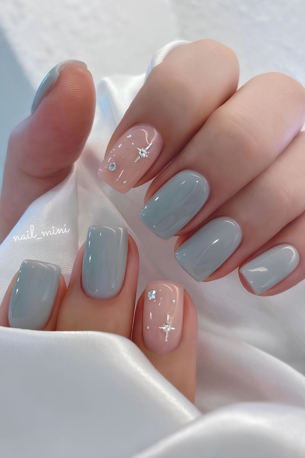 Short Square Mix Grey Blue Pink with Stars — Blue Nail Inspo