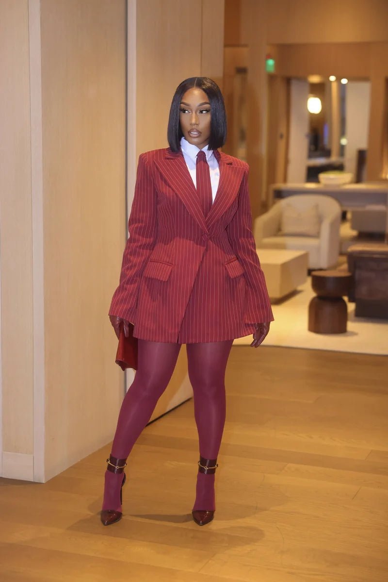 Bold Burgundy Pinstripe Suit with Oversized Jacket — Burgundy Outfits