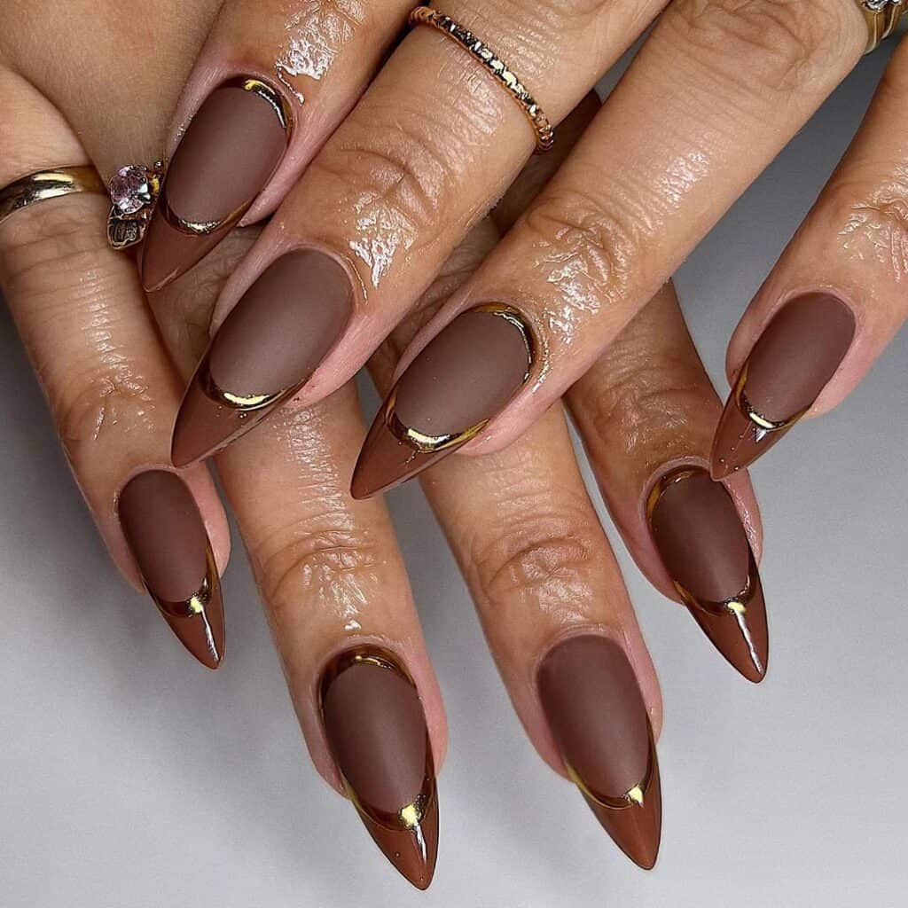 Matte Brown Gold French Tip Stilettos — Brown Nail Designs