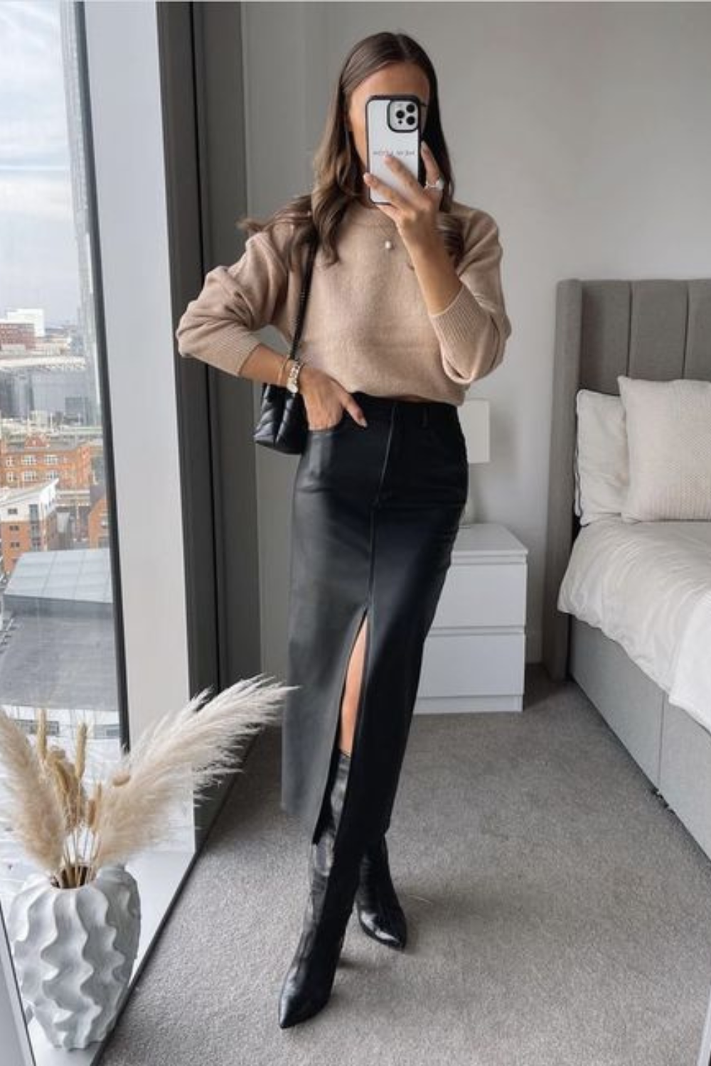 Elevated Basics: Black Leather Maxi Skirt with Crew Neck Sweater and Boots Elevated Basics: Black Leather Maxi Skirt with Crew Neck Sweater and Boots — Leather Skirt Outfits