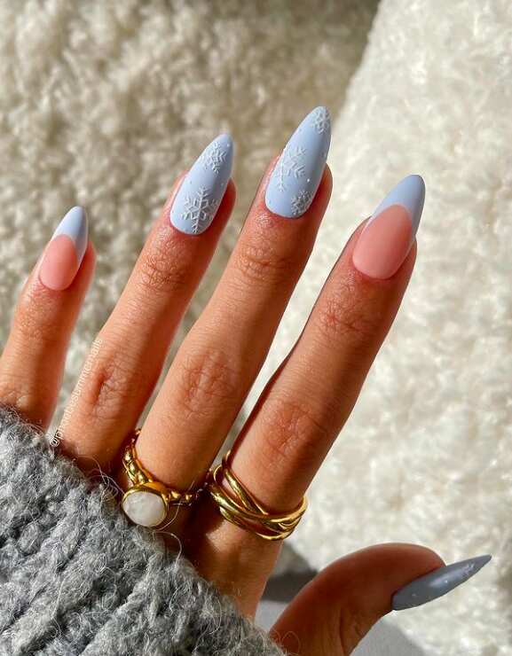 Matte Pastel Blue Snowflake French Tips Matte Pastel Blue Snowflake French Tips — Simple Winter Nails