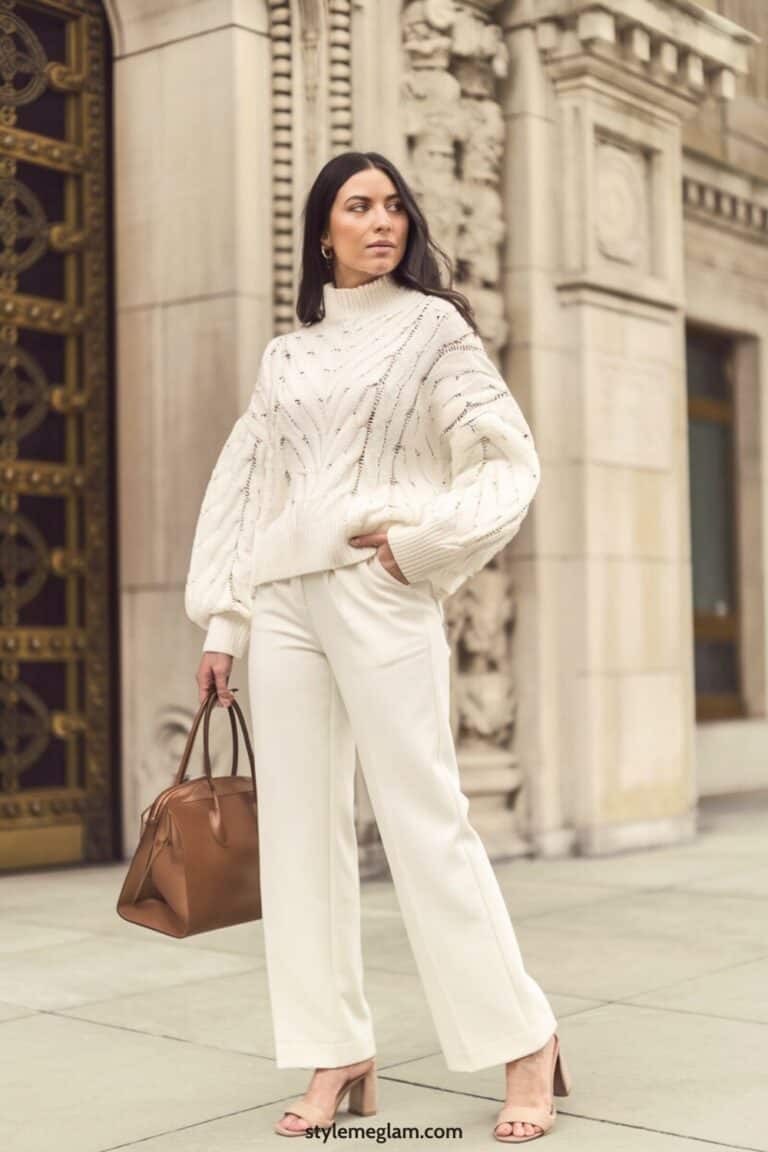 Cozy Cream Cable Knit Sweater with Wide-Leg Trousers Cozy Cream Cable Knit Sweater with Wide-Leg Trousers — Old Money Winter Outfits