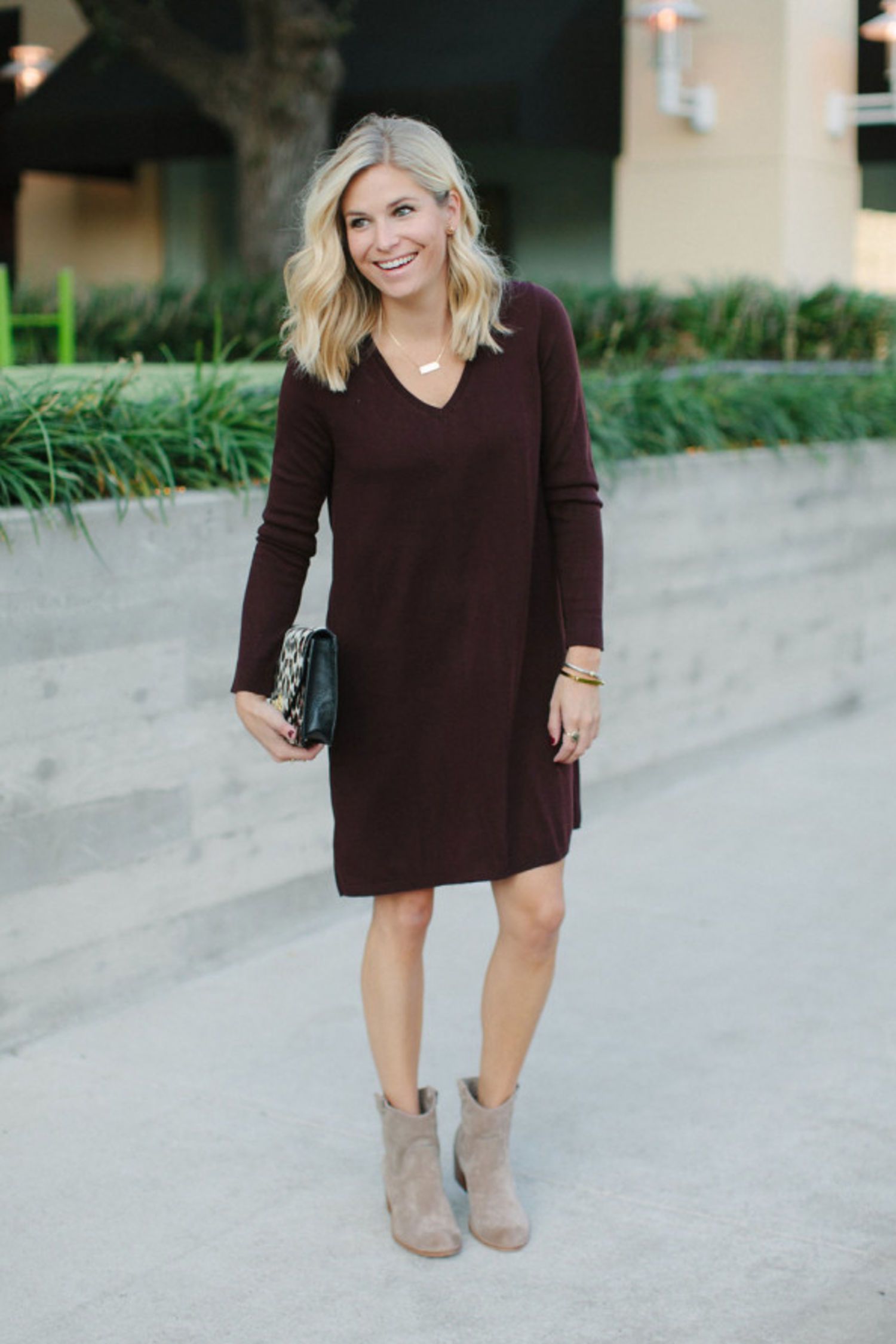 Burgundy A-Line Sweater Dress with Taupe Ankle Boots Burgundy A-Line Sweater Dress with Taupe Ankle Boots — Sweater Dress Outfits