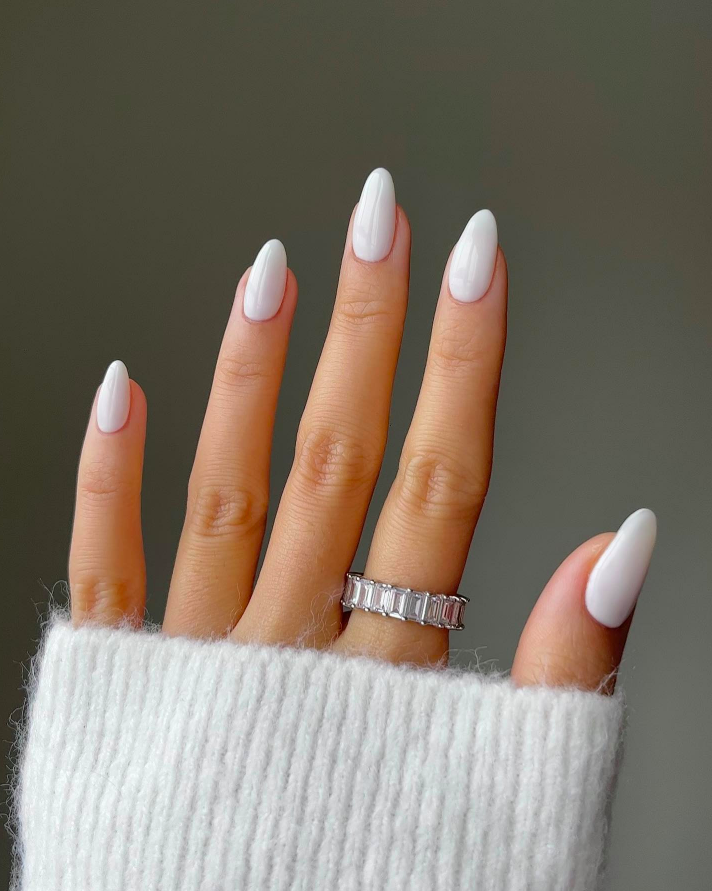 Bold Glossy Bright White Almond Nails Bold Glossy Bright White Almond Nails — Winter White Nails