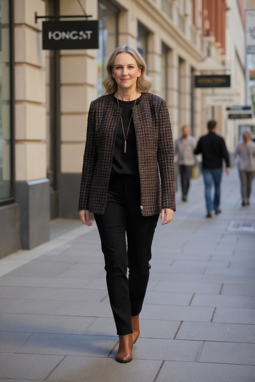 Textured Blazer Over Black Basics — Winter Outfits for Women Over 60
