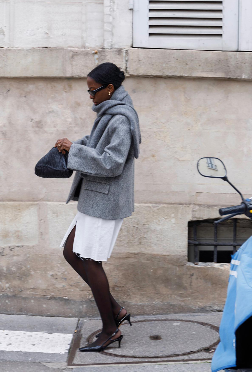 Unexpected Detail: Grey Hooded Jacket with Slingbacks Unexpected Detail: Grey Hooded Jacket with Slingbacks — Winter Work Outfits