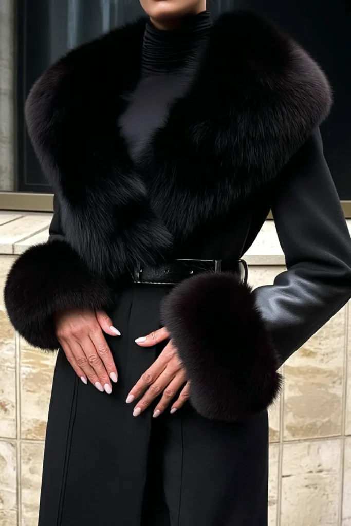 Opulent Fur Collar and Cuffs on a Wool Coat Opulent Fur Collar and Cuffs on a Wool Coat — All Black Winter Outfits