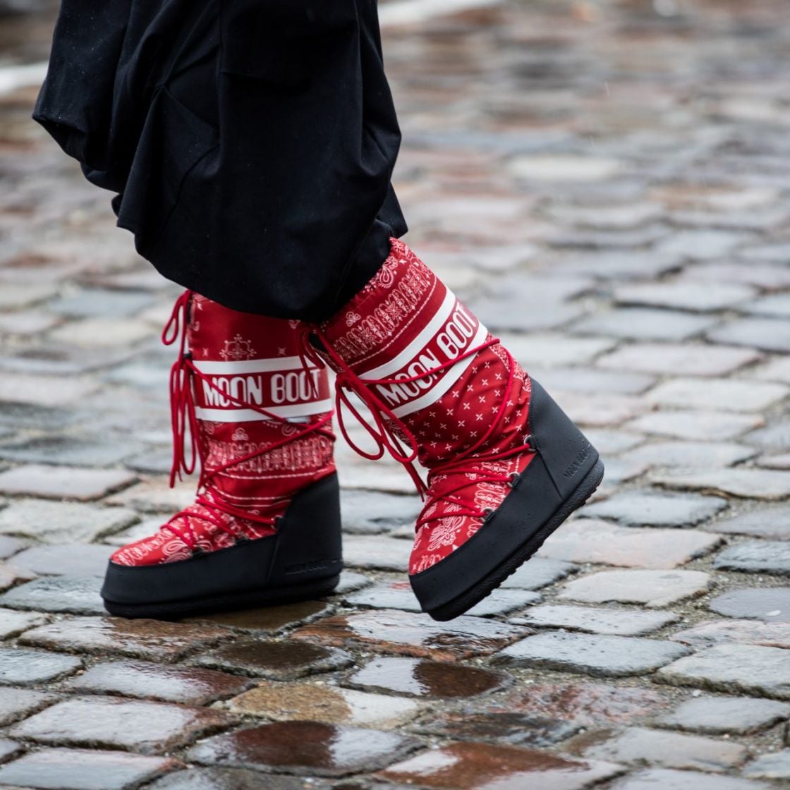 Red Bandana Print Moon Boots with Black Trousers — Moon Boots Outfits