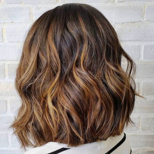 Wavy Bob With Golden Highlights — Chestnut Brown Hair