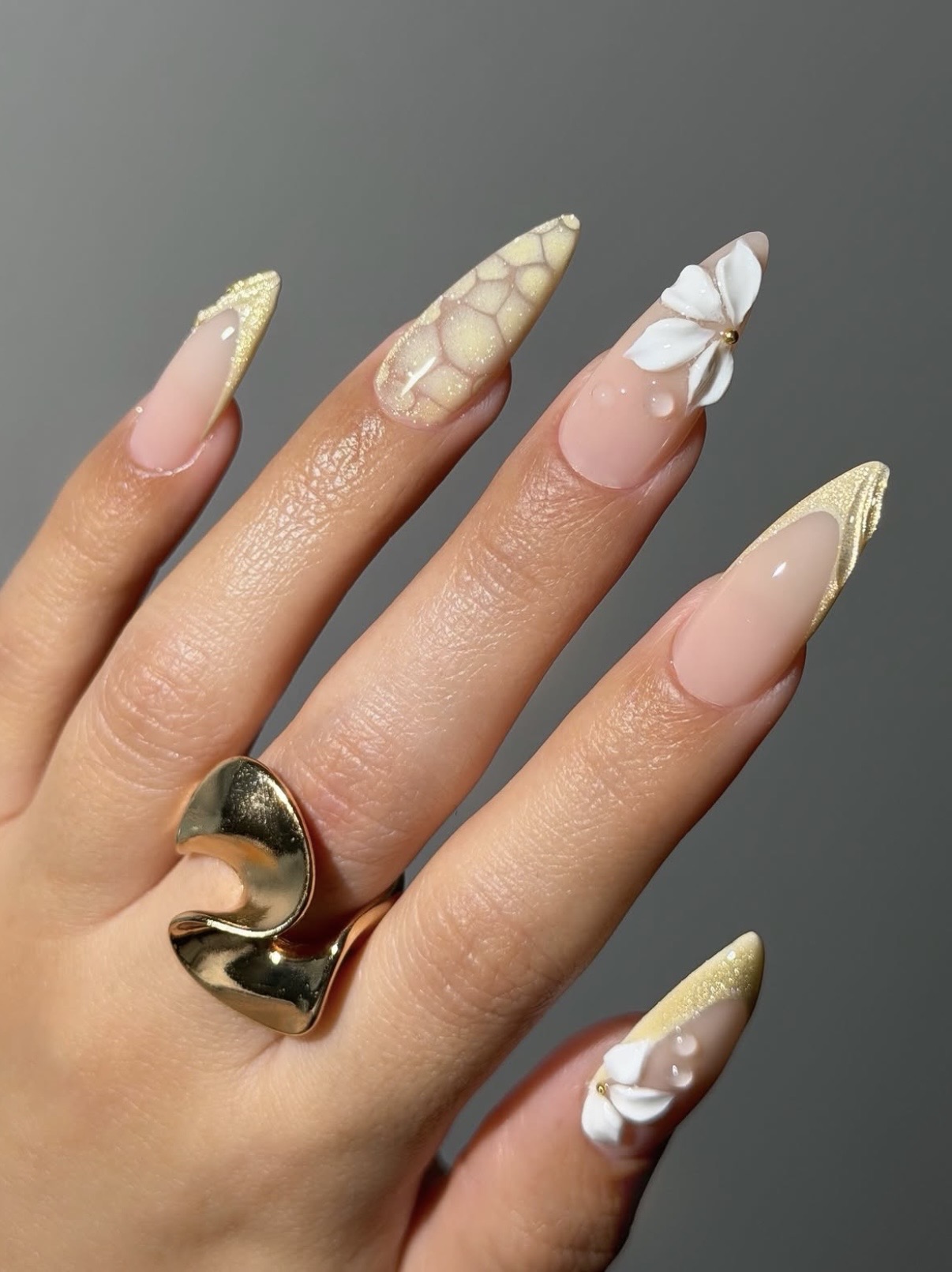 Long Stiletto 3D Floral Glitter French Nails Long Stiletto 3D Floral Glitter French Nails — Yellow Nail Designs