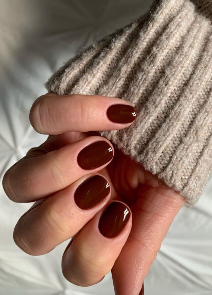 Chocolate Brown Glossy Short Oval Nails Chocolate Brown Glossy Short Oval Nails — Winter Nail Colors for Women Over 50