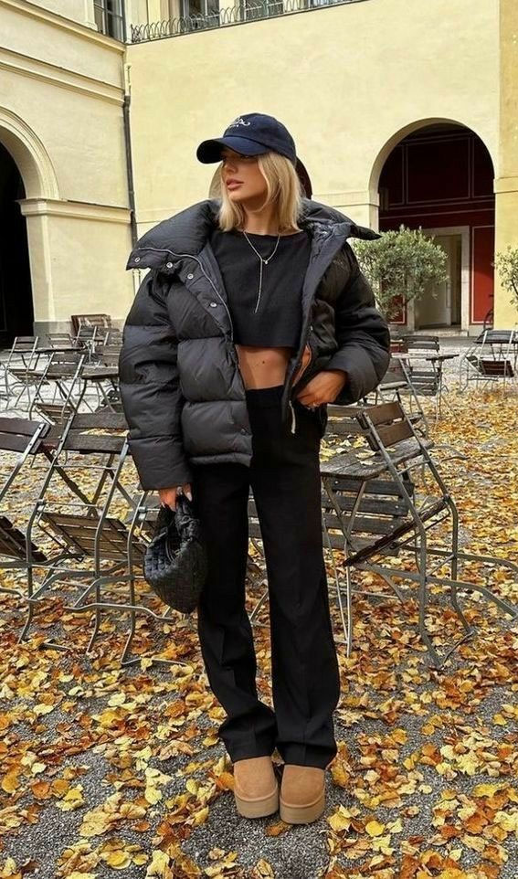 Black Puffer with Wide-Leg Pants and Uggs Black Puffer with Wide-Leg Pants and Uggs — Winter Puffer Jacket Outfits