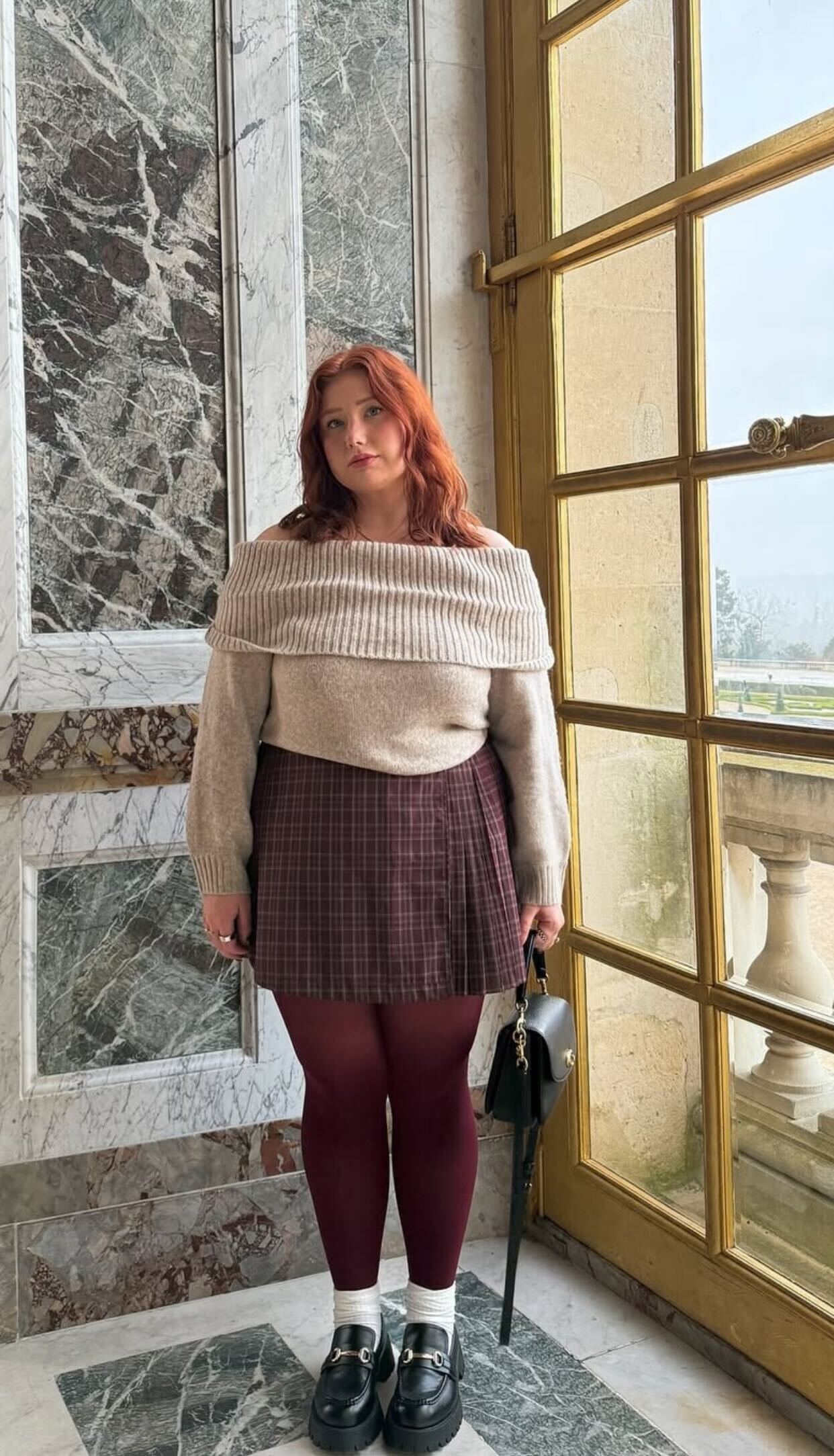 Beige Off-the-Shoulder Sweater and Plaid Skirt for Cozy Daytime Style Beige Off-the-Shoulder Sweater and Plaid Skirt for Cozy Daytime Style — Winter Outfits for Plus Size Women