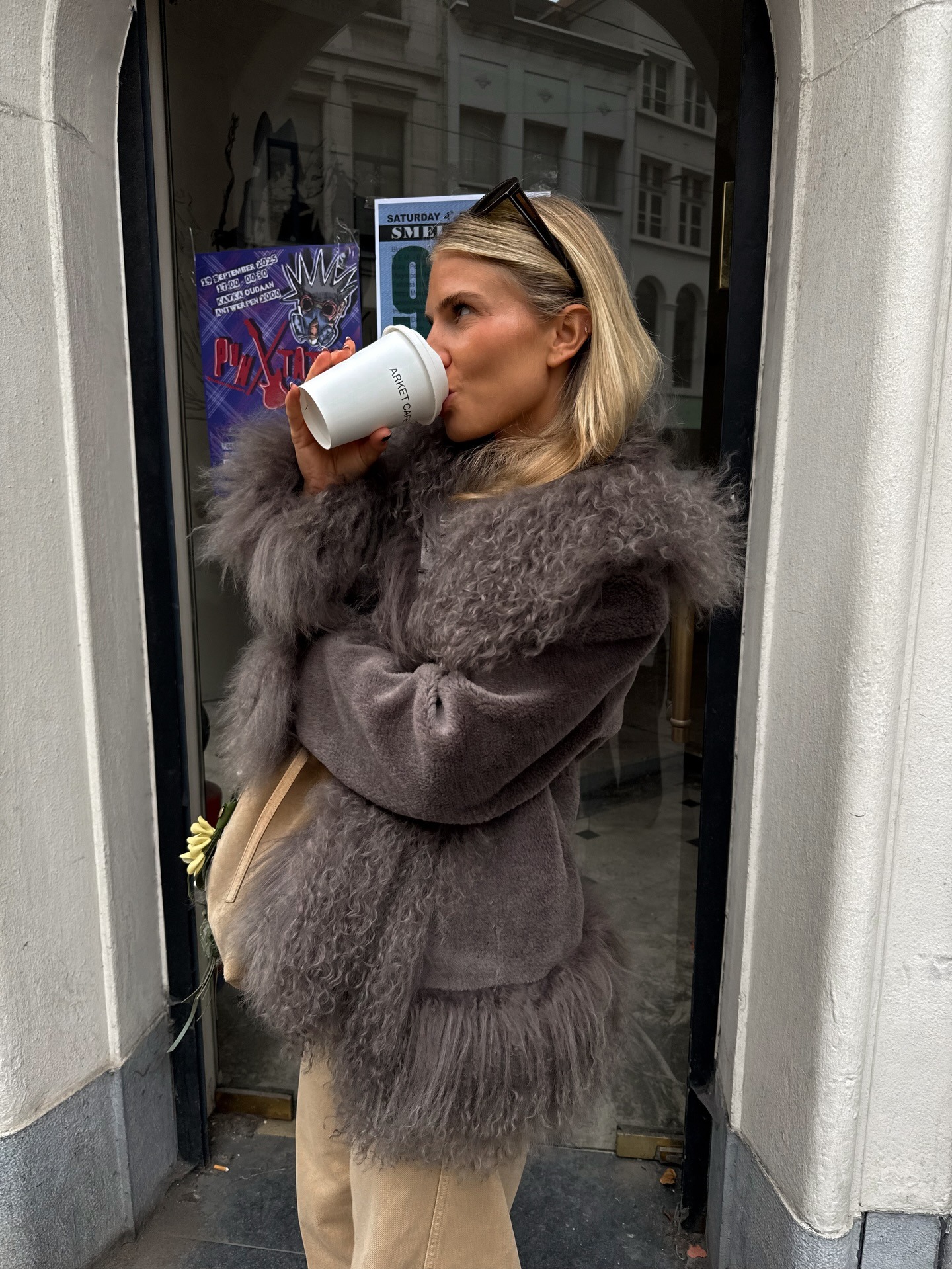 Textured Grey Faux Fur Coat with Wide-Leg Trousers — Faux Fur Coat Outfits