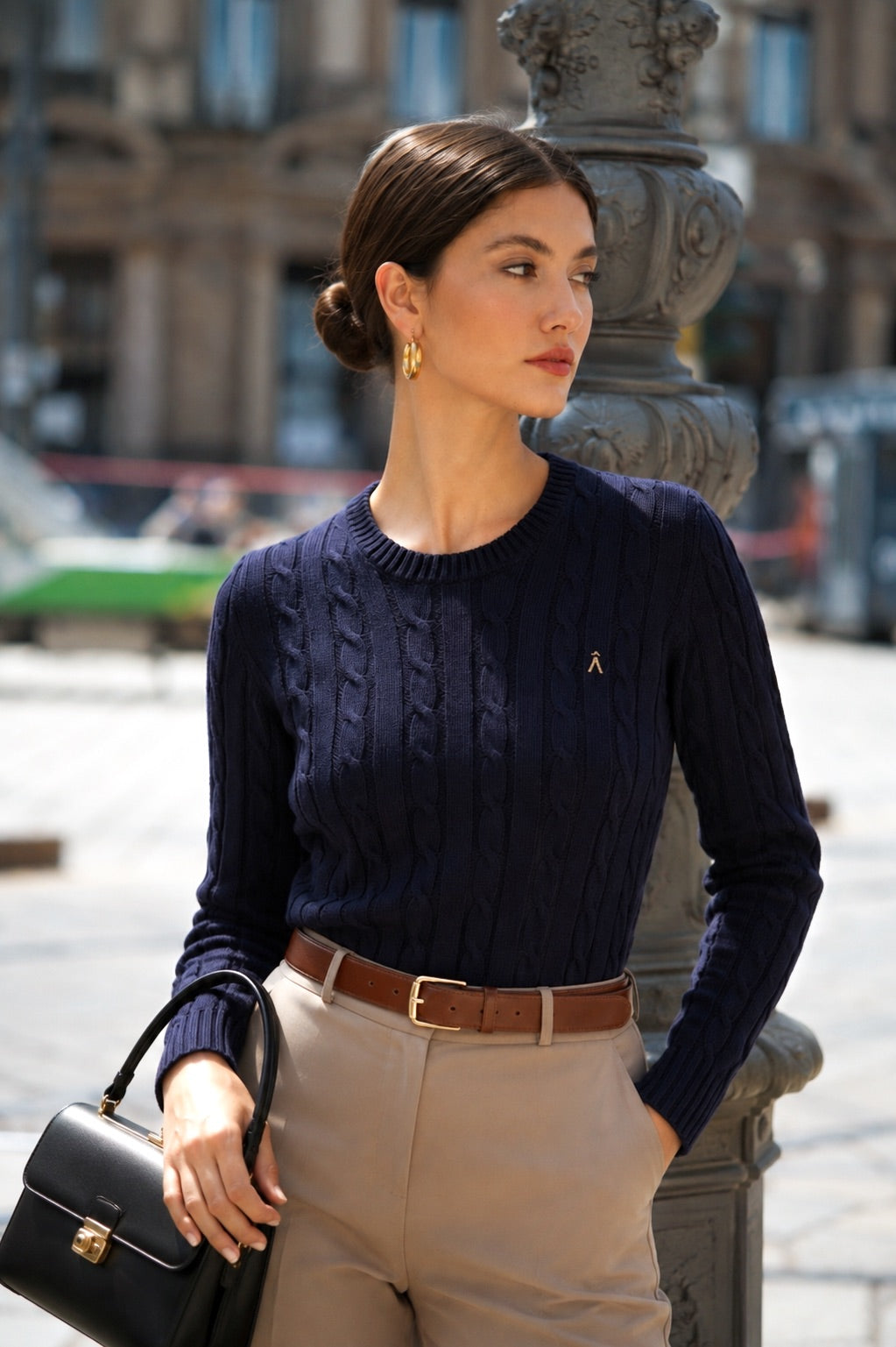 Navy Cable Knit Sweater with Beige Trousers Navy Cable Knit Sweater with Beige Trousers — Sweater Outfits