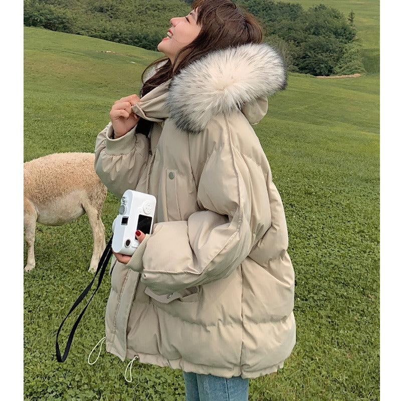 Oversized Beige Puffer Jacket with Fur-Trimmed Hood and Blue Jeans — Korean Winter Outfits