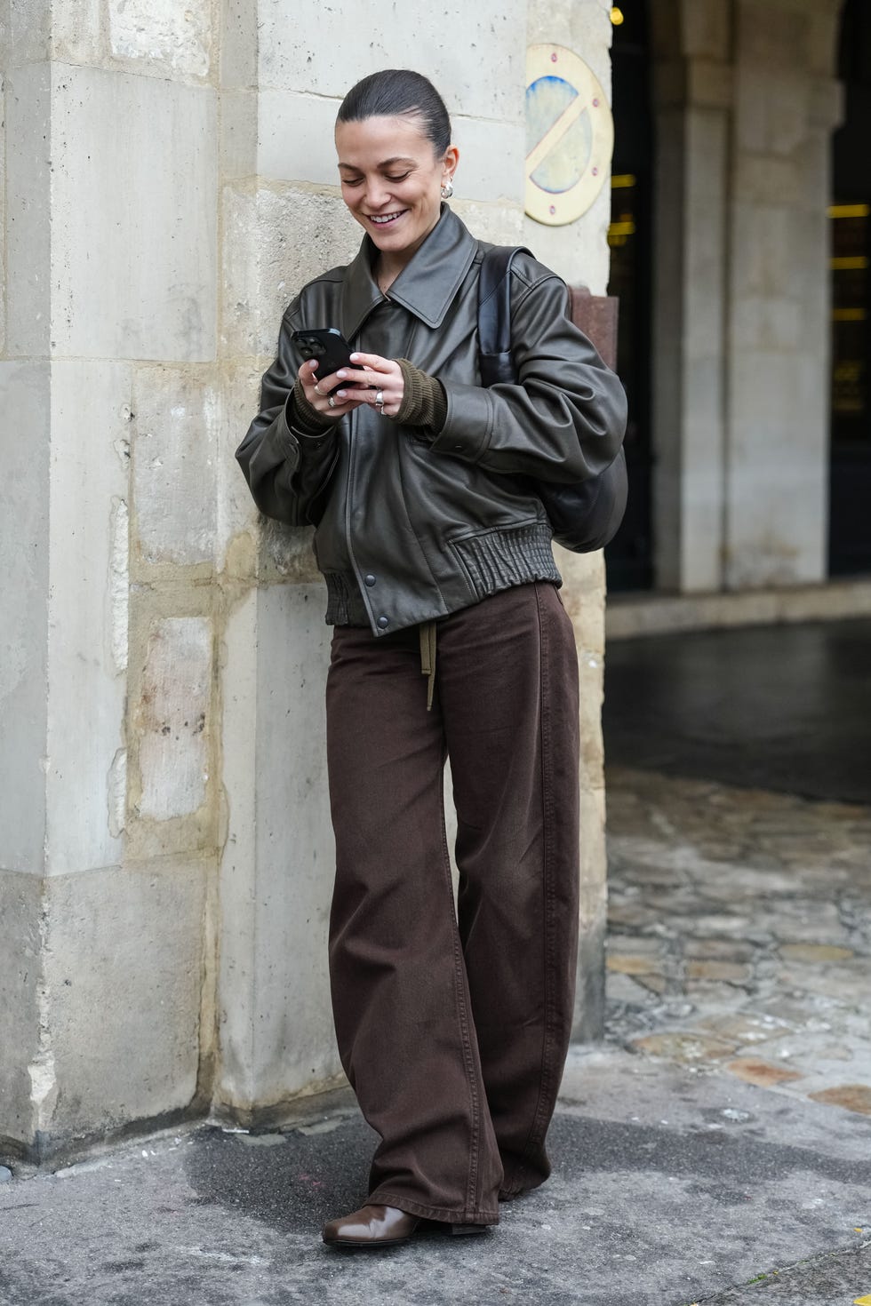 Olive Leather Bomber with Corduroy Pants — Winter College Outfits